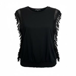 INC International Concepts Black Fringe Lace‎ Trim Sleeveless Top  L Boho